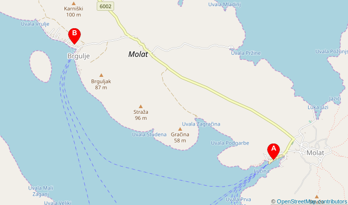 Map of ferry route between Molat and Brgulje